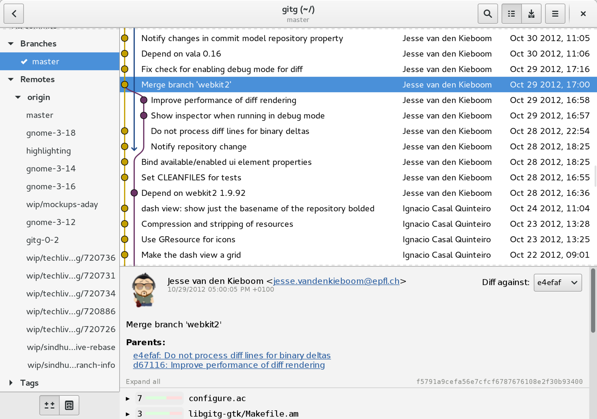 A Git Graphical Interface displaying actions in a repository
